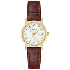 Bulova Classic Quartz Ladies Watch, Stainless Steel Diamond - Brown Leather Strap, Mother-of-Pearl Dial