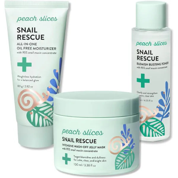 Peach Slices Snail Rescue Bundle | Blemish Busting Toner, Oil-Free Moisturizer & Wash-Off Mask | 95% Snail Mucin Concentrate | All Skin Types