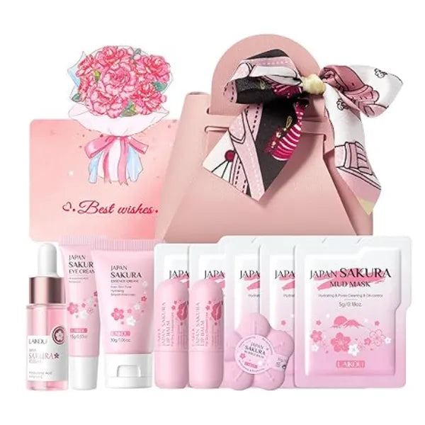 LAIKOU Sakura Skin Care, Skin Care Set, Gift Set for Women with Serum, Moisturiser, Eye Cream, Lip Balm, Bubble Bath, Mud Mask, Greeting Cards & Gift Bag