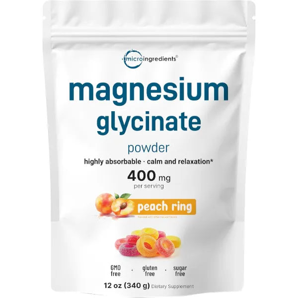 Micro Ingredients Magnesium Glycinate Powder, 12oz (56 Servings) | Sweet Peach Ring Flavored | Sleep, Muscle, Heart & Nerve Health Support* | Chelated Magnesium Supplement | Non-GMO, Vegan, Sugar Free