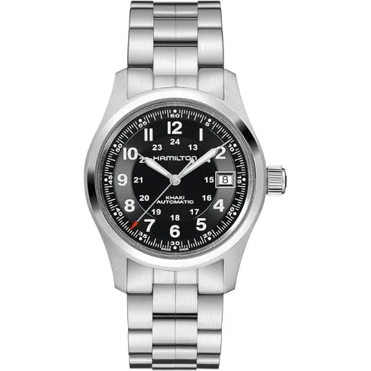 Hamilton Khaki Field Automatic Men's Watch, 38mm Stainless Steel Case, Swiss Made, Black Dial Analog Wrist Watch for Men, 100m Waterproof, Sapphire Crystal, 3-Hand Movement, Stainless Steel Strap