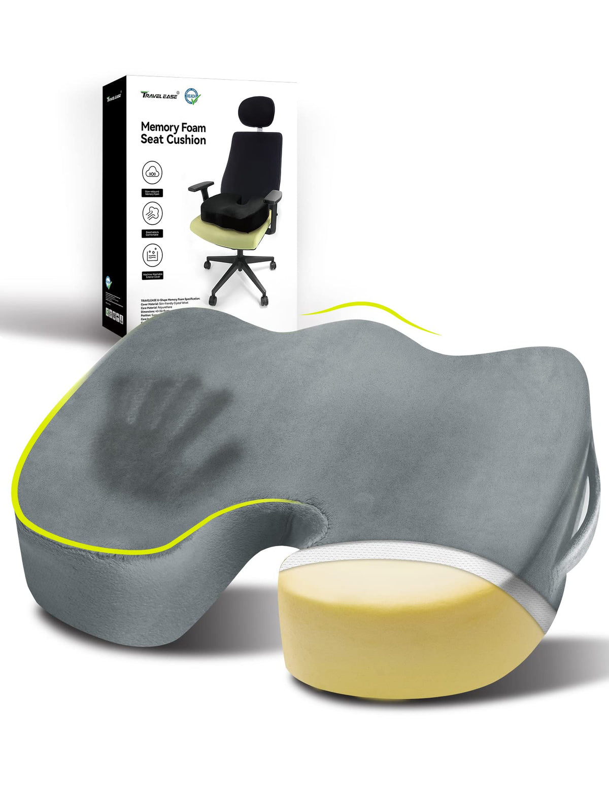 Travel Ease Thickened Coccyx Orthopedic Seat Cushion, Memory Foam Ergonomic Seat Cushion for Bigger Size People, Fit for Office Chair, Car Seat, Wheelchair (Grey)