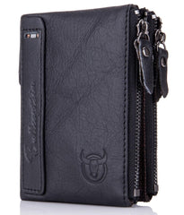 BULLCAPTAIN Genuine Leather Wallet for Men Vintage Bifold with Double Zipper Pockets (Black)