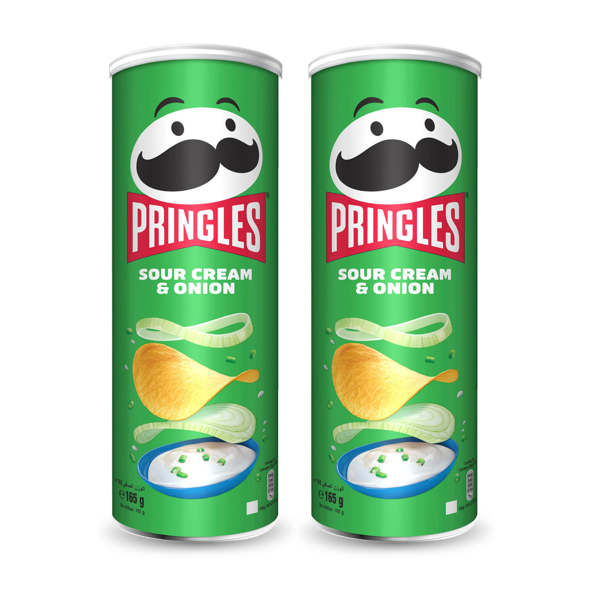 Pringles - Potato Crisp Crunchy Chips with Sour Cream and Onion Flavor - Lunch Office Kids School College and Party Snacks - 165g Pack of 2 Cans