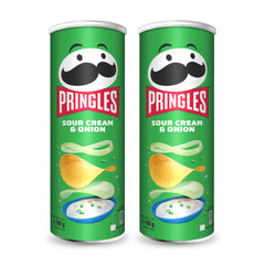Pringles - Potato Crisp Crunchy Chips with Sour Cream and Onion Flavor - Lunch Office Kids School College and Party Snacks - 165g Pack of 2 Cans