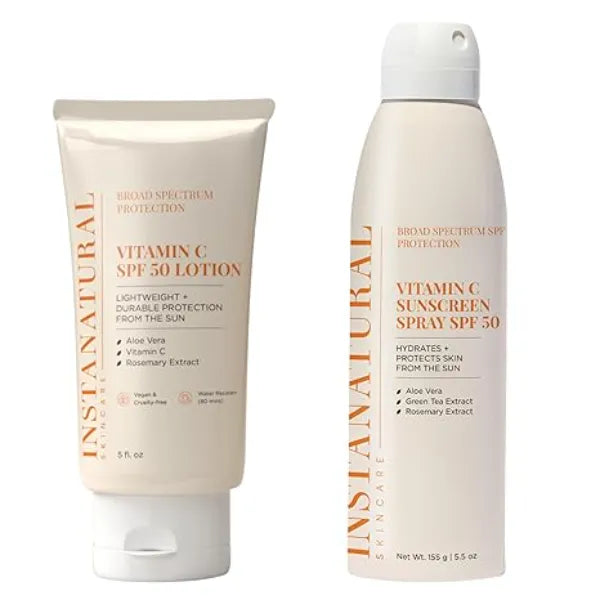 InstaNatural Skin Care Vitamin C SPF 50 Broad Spectrum Sunscreen Lotion & Spray Bundle, Brightening, Lightweight, Non Greasy formula for Body & Face, UVA, UVB Sunblock, with Aloe Vera & Botanicals