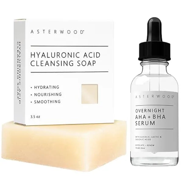 Asterwood Hyaluronic Acid Face Bar + Overnight AHA+BHA Serum 1 oz
