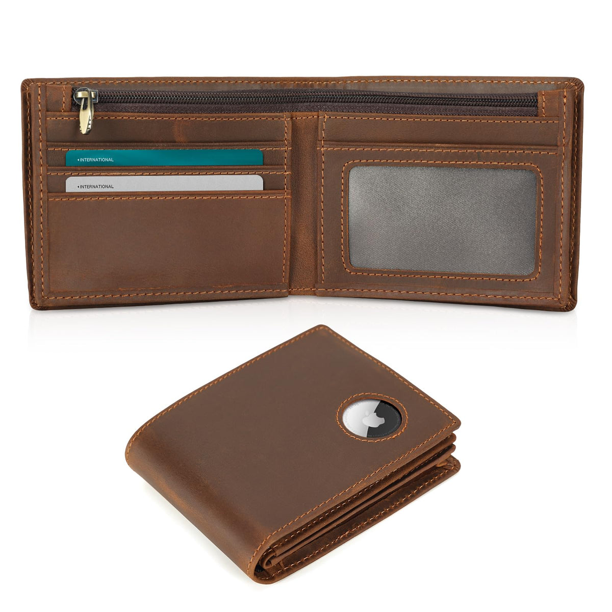 Polare Men's RFID Blocking Cowboy Genuine Natural Crazy Horse Leather Bifold Wallet - Brown-Medium with AirTag Slot