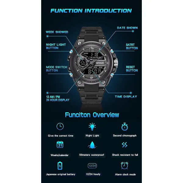 KASTWAVE Men‘s Watches Sports Outdoor Waterproof Military Watch Date Multi Function Tactics LED Alarm Stopwatch