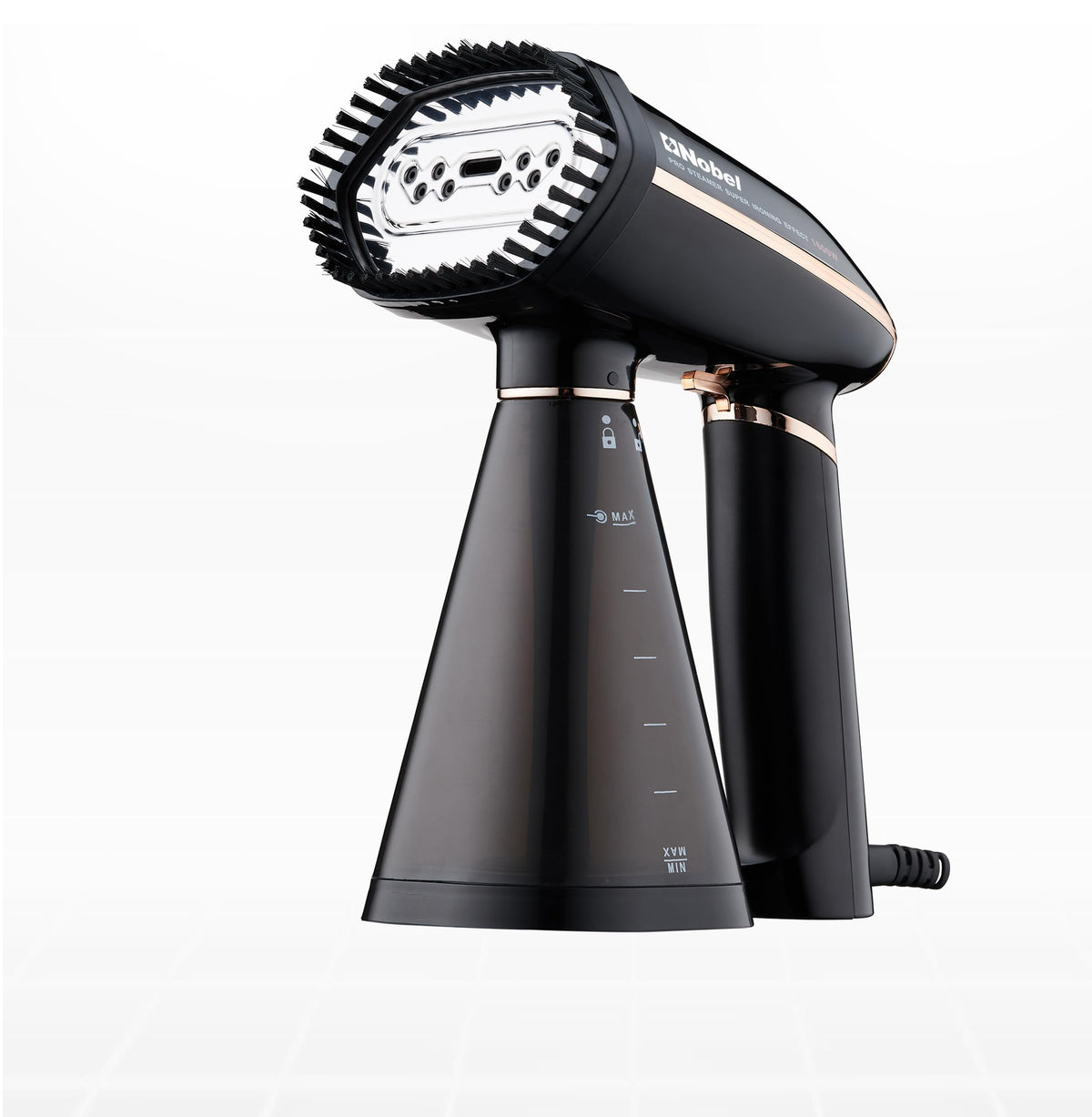 Nobel Steam Iron, Stainless Steel Panel, Detachable Water Tank, Steam Brush, 360° Rotational Swivel Handgrip, Pilot Light, Folded Handle, LED Indicator Lights, Auto-shut Off NSI33 Black