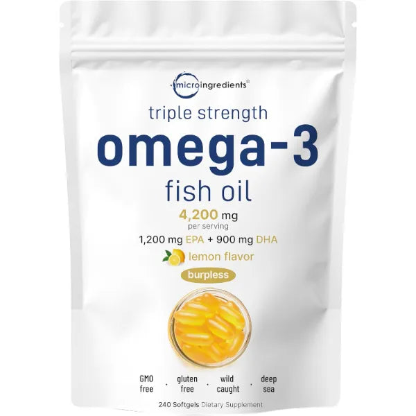 Micro Ingredients Triple Strength Omega 3 Fish Oil Supplements 4200mg Per Serving, 240 Softgels – Lemon Flavored – Burpless | EPA 1200mg + DHA 900mg | Deep Sea Fish