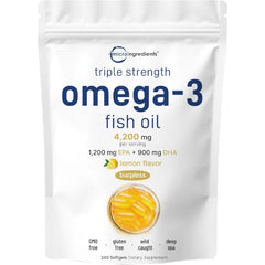 Micro Ingredients Triple Strength Omega 3 Fish Oil Supplements 4200mg Per Serving, 240 Softgels – Lemon Flavored – Burpless | EPA 1200mg + DHA 900mg | Deep Sea Fish