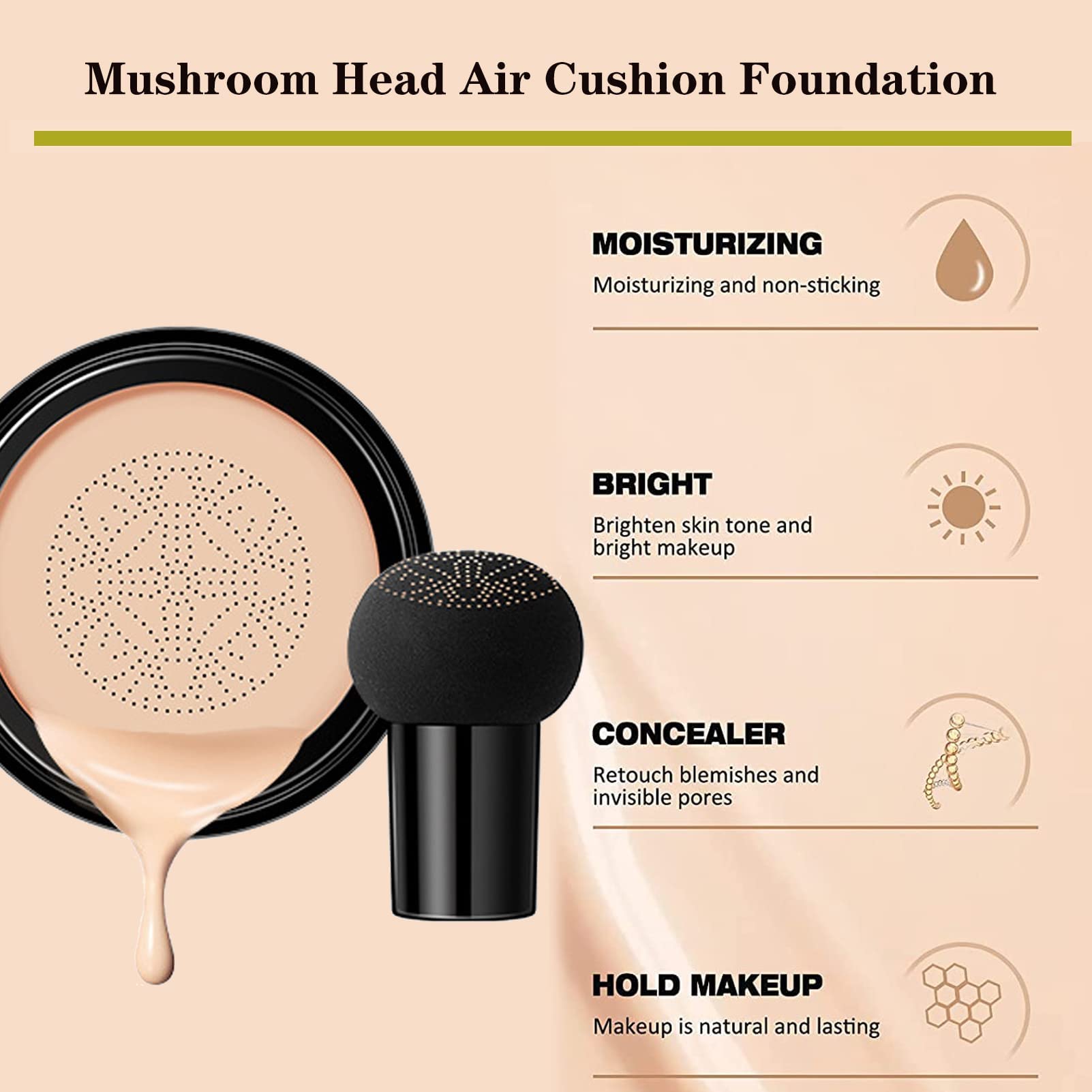 Mushroom Head Air Cushion Foundation CC Cream, Liquid Foundation BB Cream, ConcealerNude Makeup Moisturizing Brightening Pigment Liquid Foundation, Oil Control(Natural) (Flamingo-Pink)