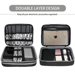 Double Layers Large Capacity Travel Electronic Accessories Organizer Bag, 2 Front Pockets Travel Gadget Carry Case, Perfect Size Fit for iPad,iPhone,Cables,Power Bank,Tablet(10.2’’)-Black