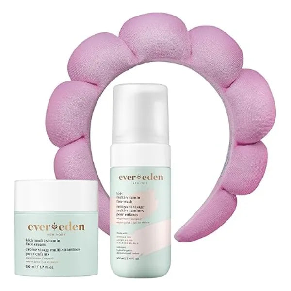 Evereden Kids Face Duo & Spa Headband Set Multi Vitamin Face Wash & Cream + Soft Terry Headband Nourishing Skin Care & Fun Hair Management for Kids 3+ Gentle & Perfect for Skincare Routine