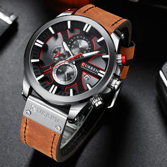 CURREN Mens Water Resistant Sport Chronograph Watches Military Multifunction Leather Quartz Wrist Watches, silver brown, Chronograph,Quartz Movement