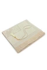 ihvan online Muslim Prayer Rug and Beads with Elegant Slub Fabric Bag | Janamaz | Sajadah | Soft Islamic Prayer Rug | Islamic Gifts | Prayer Carpet Mat, Taffeta Fabric, Ecru