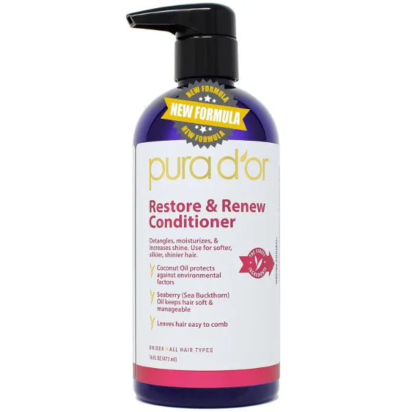 PURA D'OR Restore & Renew Conditioner (16oz) with Coconut Oil, Seaberry Oil, Aloe Vera, Glycerin, Geranium Oil, Lime Oil, & Cedarwood Oil for Nourishing, Detangling, Moisturizing, and Enhancing Shine