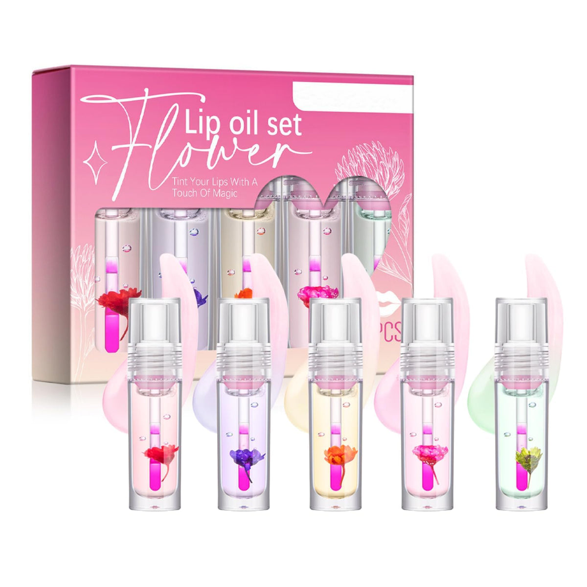 KASTWAVE Hydrating Lip Glow Oil, Flower Plumping Lip Gloss Set, 5PCS Moisturizing Lip Oil Set, Temperature Color Changing Lipstick for Dry Lip's Hydrating, Lip Plumper Lip Gloss Sets for Women