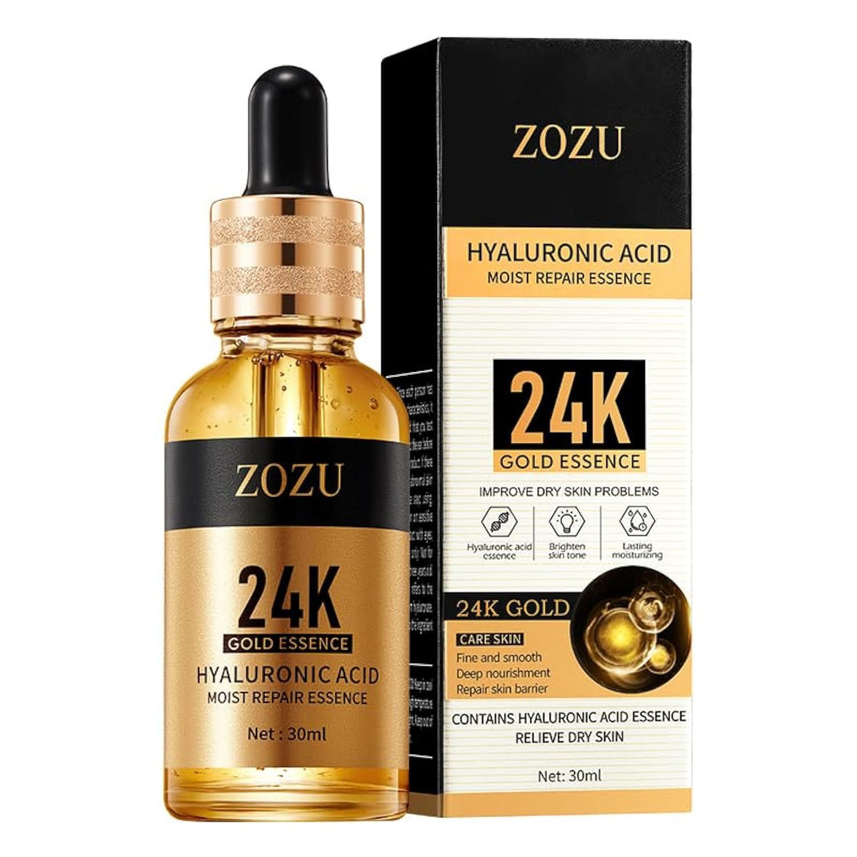 L'ANGOLO 24K Gold Hyaluronic Acid Moist repair Essence 30ml, Deep Hydration, Long-lasting Moisturizing, Oil Control, Yellowing and Brightening, Gentle and Skin-friendly Formula with Glycerol
