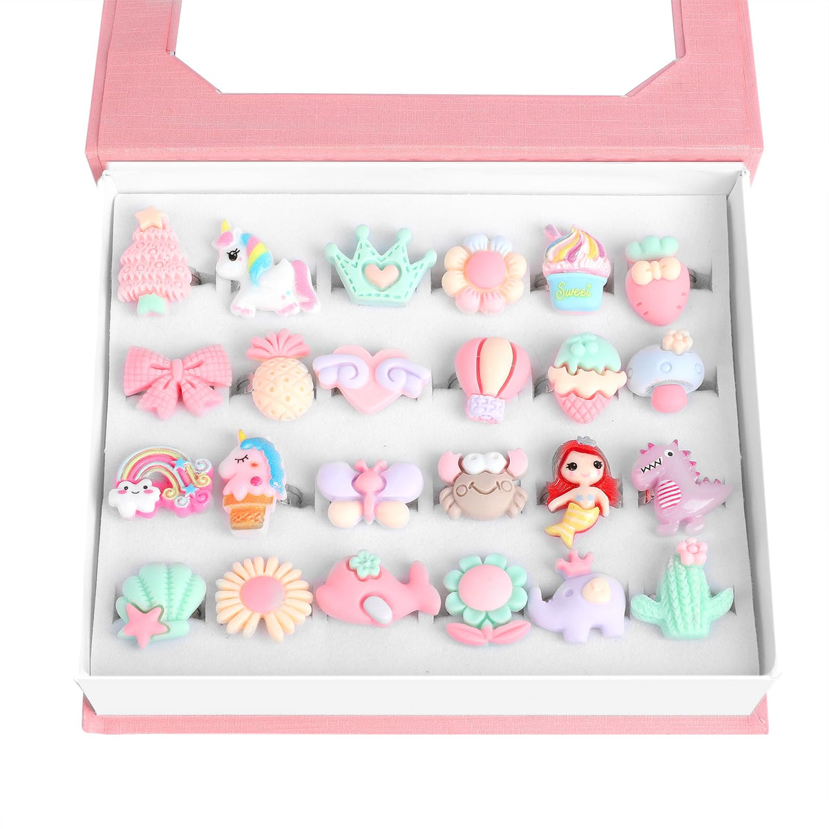 24 pcs Little Girl Adjustable Rings in Box, Jewelry Rings Gem Rings Set, Girl Pretend Play and Dress up Rings for Kids, A Variety of Rings Styles No Duplication