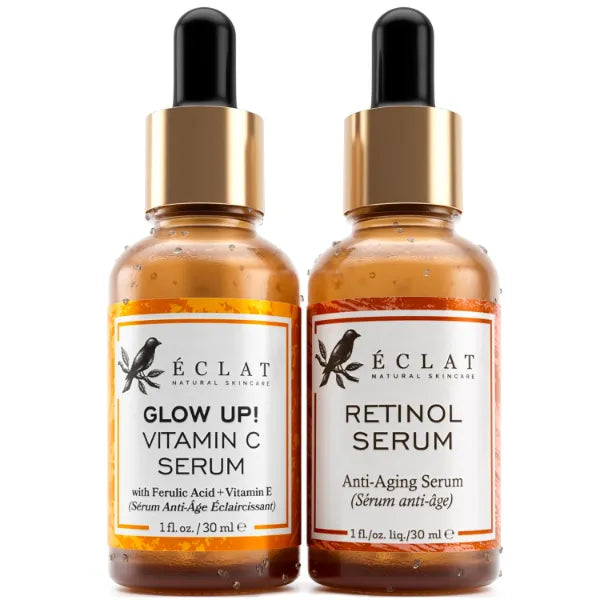 Eclat Skincare Vitamin C Serum + Retinol Serum Duo – Day & Night Skin Care Set with Hyaluronic Acid, Ferulic Acid, Vit E & Aloe – Brightening, Smoothing & Radiance Facial Care