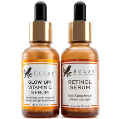 Eclat Skincare Vitamin C Serum + Retinol Serum Duo – Day & Night Skin Care Set with Hyaluronic Acid, Ferulic Acid, Vit E & Aloe – Brightening, Smoothing & Radiance Facial Care