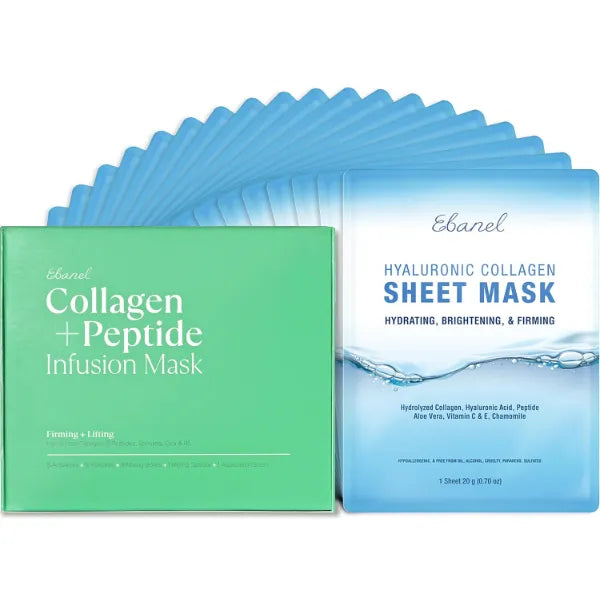Ebanel Bundle of 20-Pack Collagen Face Mask and 8-Pack Collagen Peptide Infusion Mask