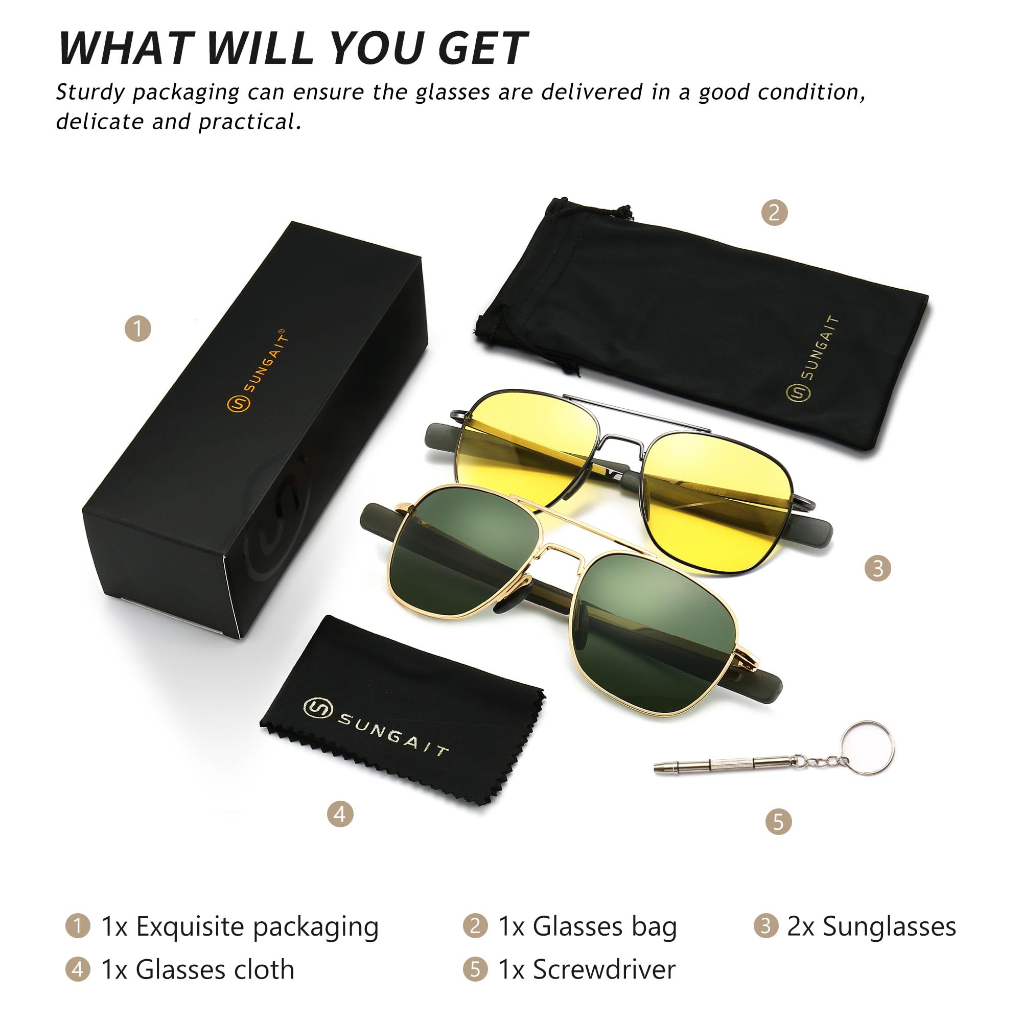 SUNGAIT Men's Military Style Polarized Pilot Aviator Sunglasses Bayonet Temples