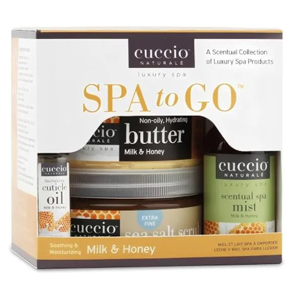 Cuccio 4 Piece Spa To Go Kit Milk & Honey Nourishing Skincare Set for Hydration and Softening