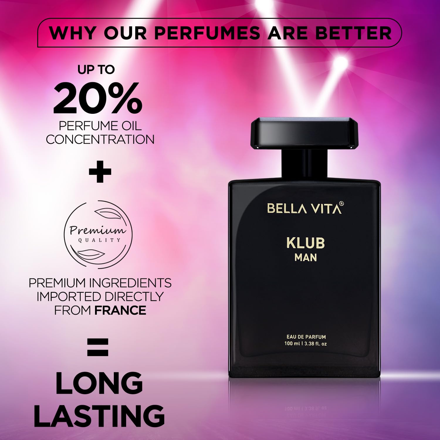 Bella Vita Luxury Perfume For Men - Bellavita KLUB Eau De Parfum for Men| Musky & Spicy Men's Perfume| Lemon, Rose & Vanilla| Long Lasting Fragrance for Men- 100 ML