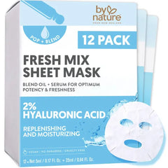 By Nature POP + BLEND Fresh Mix DIY 2% Hyaluronic Acid Sheet Mask – Hydrating Facial Treatment for Plumping & Revitalizing Skin with Aloe Vera, Prickly Pear & Marine Algae – Pack of 12