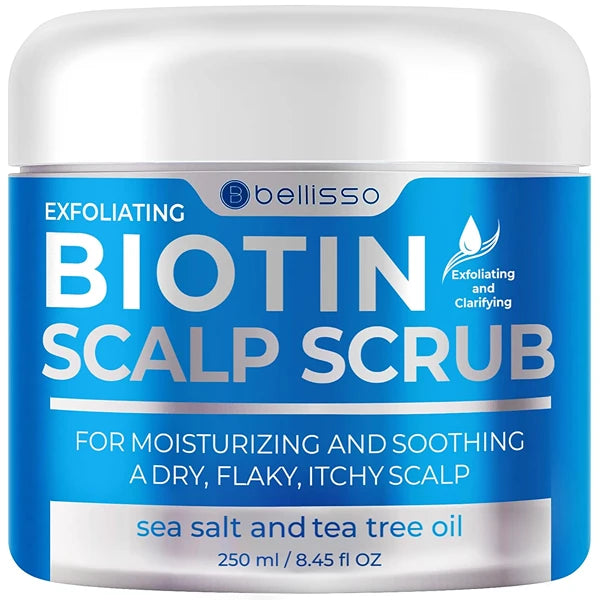 BELLISSO Biotin Scalp Scrub - Exfoliator Treatment for Dry Hair and Itchy, Flaky Scalps - Intense Moisturizer and Detox Cleanser for Build Up Relief - Anti Dandruff Mask with Tea Tree Oil for Women and Men