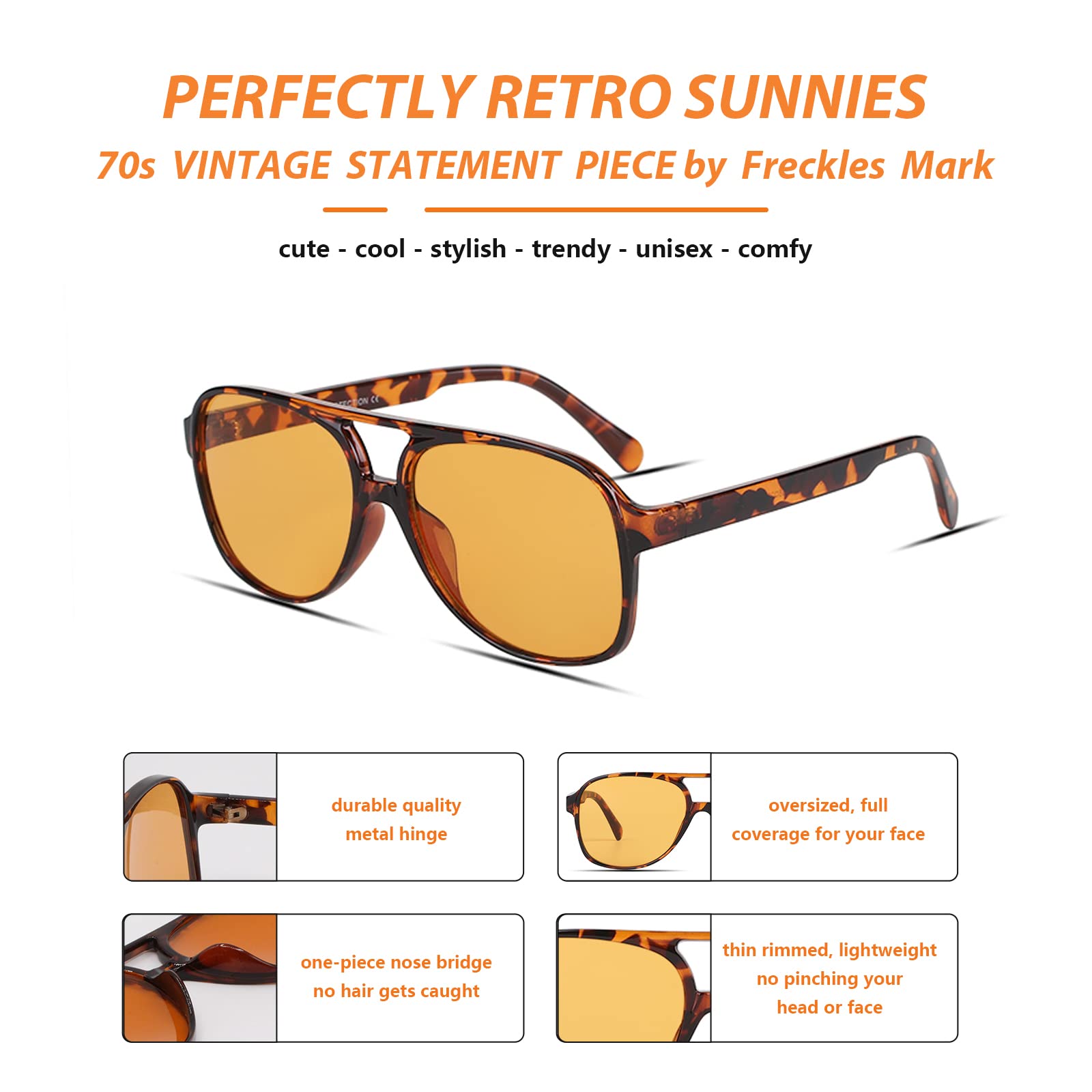 Freckles Mark Vintage Retro 70s Sunglasses for Women Men Classic Large Squared Aviator Frame UV400 Trendy Orange Glasses