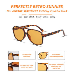 Freckles Mark Vintage Retro 70s Sunglasses for Women Men Classic Large Squared Aviator Frame UV400 Trendy Orange Glasses