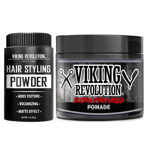 Viking Revolution Extreme Hold Pomade for Men (4oz) and Hair Styling Powder for Men (1oz) - Extra Firm,Strong Hold & High Shine Hair Pomade - Mattifying and Volumizing Mens Hair Powder