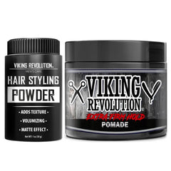 Viking Revolution Extreme Hold Pomade for Men (4oz) and Hair Styling Powder for Men (1oz) - Extra Firm,Strong Hold & High Shine Hair Pomade - Mattifying and Volumizing Mens Hair Powder