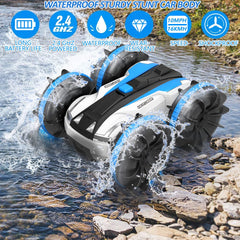 FREE TO FLY Remote Control Car Boat Truck- Amphibious 4WD Stunt Cars 2.4Ghz Rotating 360° Offroad Terrain RC Vehicle Water Land for Kids 8 9 10 11 12 Years Old (Blue)