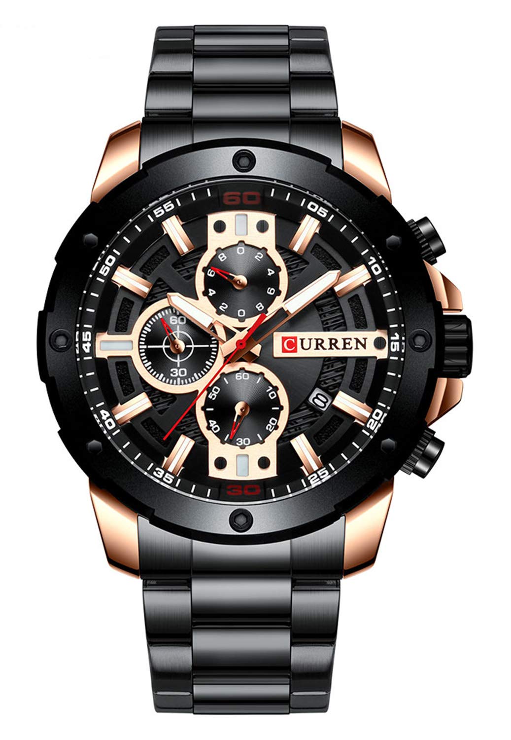 CURREN Men's Luxury Stainless Steel Watch Classic Casual Dress Military Watch Waterproof Chronograph Date Analog Quartz Watch Black