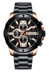 CURREN Men's Luxury Stainless Steel Watch Classic Casual Dress Military Watch Waterproof Chronograph Date Analog Quartz Watch Black