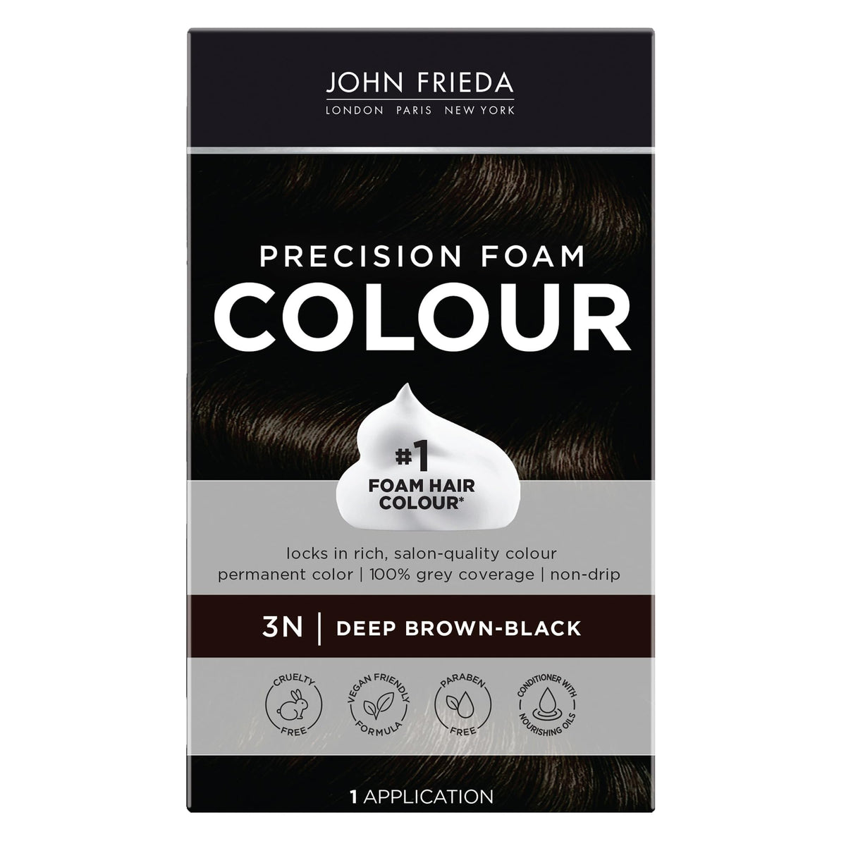 John Frieda Precision Foam Colour, Deep Brown Black 3N, Full-coverage Hair Color Kit, with Thick Foam for Deep Color Saturation, 4.4 Ounce (16206)