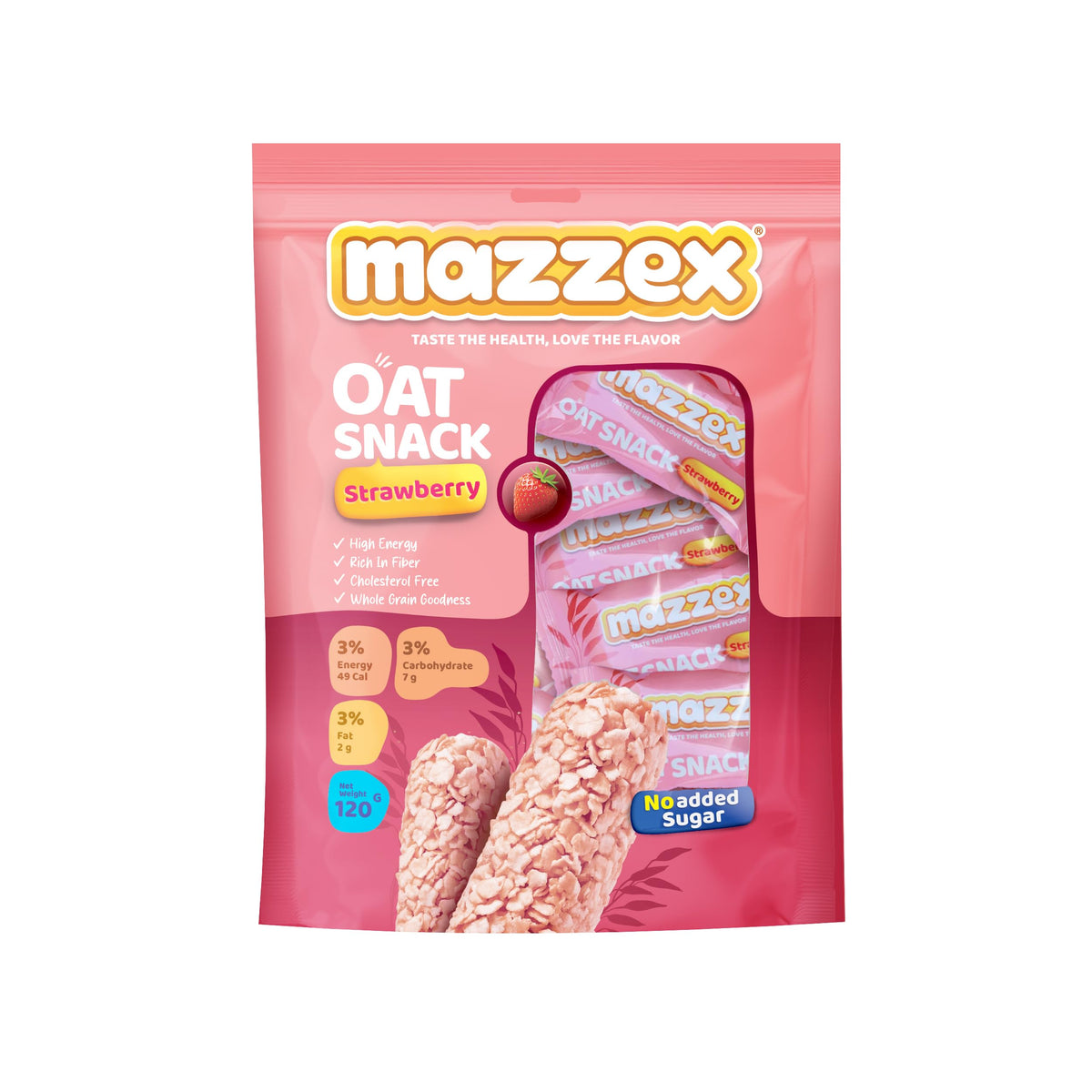 Mazzex Oat Snack Strawberry – 120g (12 Bars) | Healthy Snack, Sugar-Free & Low Sugar | High-Fiber Energy Bar | Wholesome Bite for Kids & Adults