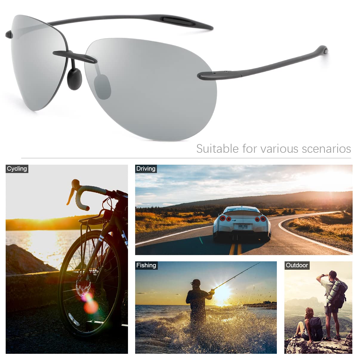 Polarized Sunglasses for Men Women Rimless Frame Driving Glasses UV400 Protection Mirror Lens Shades Sport Eyewear Eyeglasses