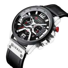CURREN Men's 3 Dials Chronograph Quartz Watches with Leather Bracelet - Black