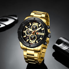 CURREN Men's Chronograph Watch Stainless Steel Case Black Dial 3 Subdials with Date Window Gold Stainless Steel Bracelet, Gold