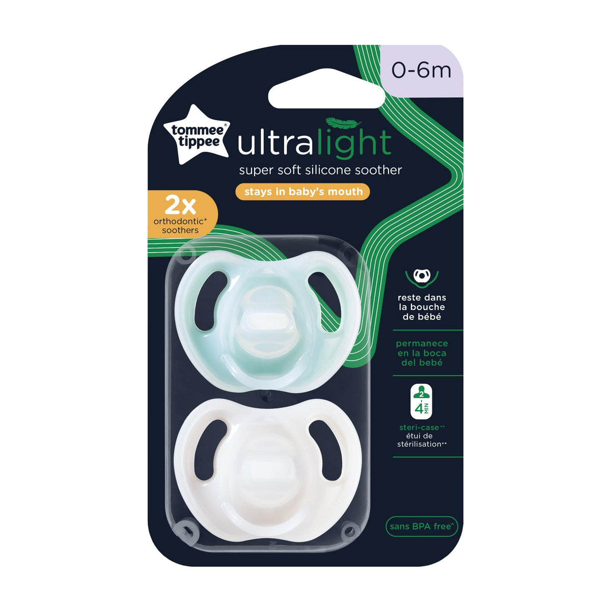Tommee Tippee Ultra-Light Silicone Soother, Symmetrical Orthodontic Design, BPA-Free, One-Piece Design, Includes Steriliser Box, 0-6m, Pack of 2 Dummies
