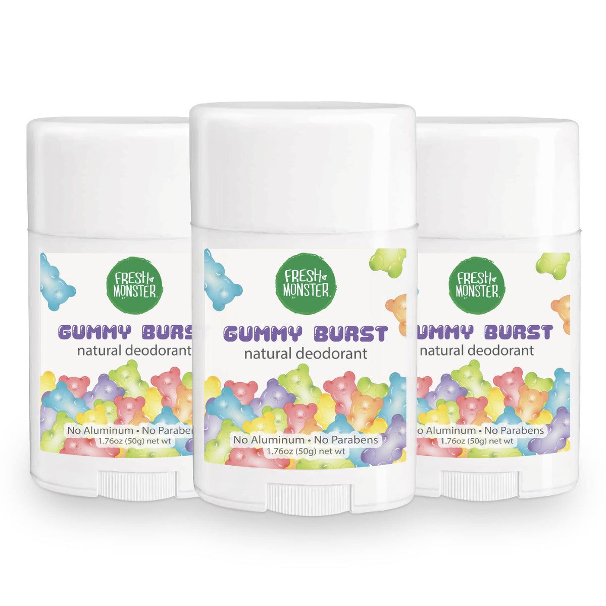 Fresh Monster Natural Deodorant for Kids and Teens I Aluminum Free, Paraben Free and Hypoallergenic Gummy Burst Scent 1.76 oz I 3 Pack, 5.28 Ounce (Pack of 3)