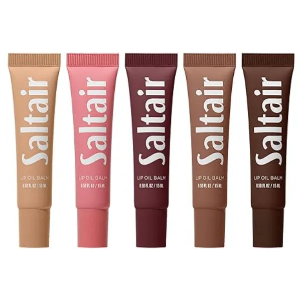 Saltair Hydrating Lip Oil Balm, Clear and Tinted Lip Gloss, Essentials Shades 5 Pack. Moisturizing Vegan Conditioning for Dry Cracked Lips with Glossy High Shine Finish. Coconut Vanilla Flavor