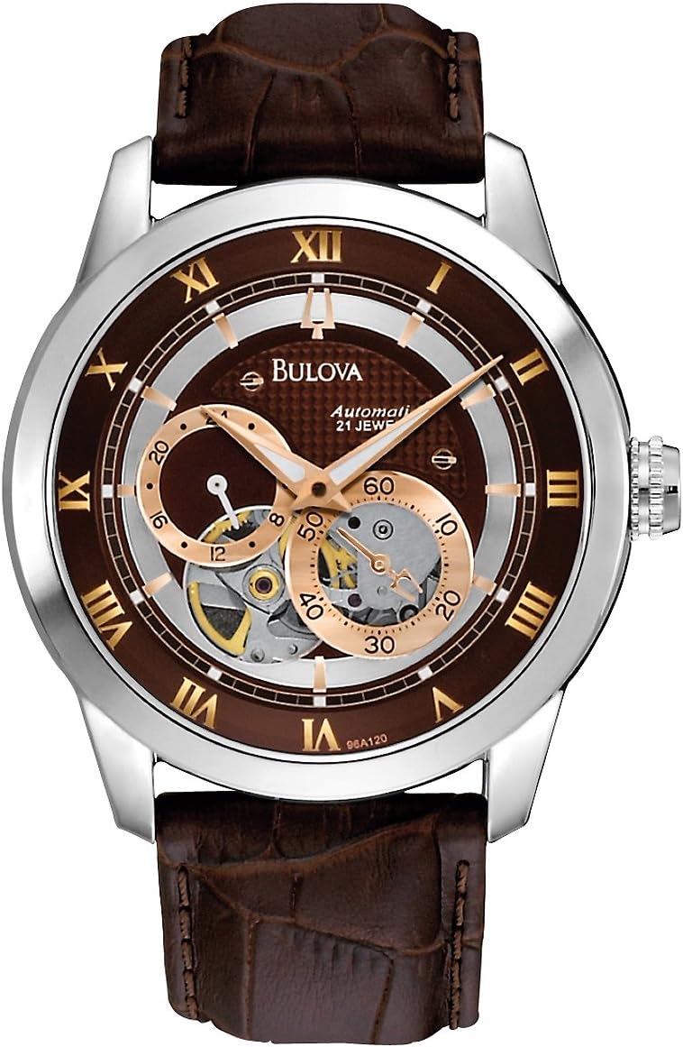 Bulova Men's Classic Sutton 4-Hand Automatic Watch, 24-Hour Sub Dial, Open Aperture, Self-Winding, Exhibition Caseback, Double Curved Mineral Crystal, Luminous Hands, 42mm - brown