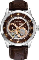 Bulova Men's Classic Sutton 4-Hand Automatic Watch, 24-Hour Sub Dial, Open Aperture, Self-Winding, Exhibition Caseback, Double Curved Mineral Crystal, Luminous Hands, 42mm - brown